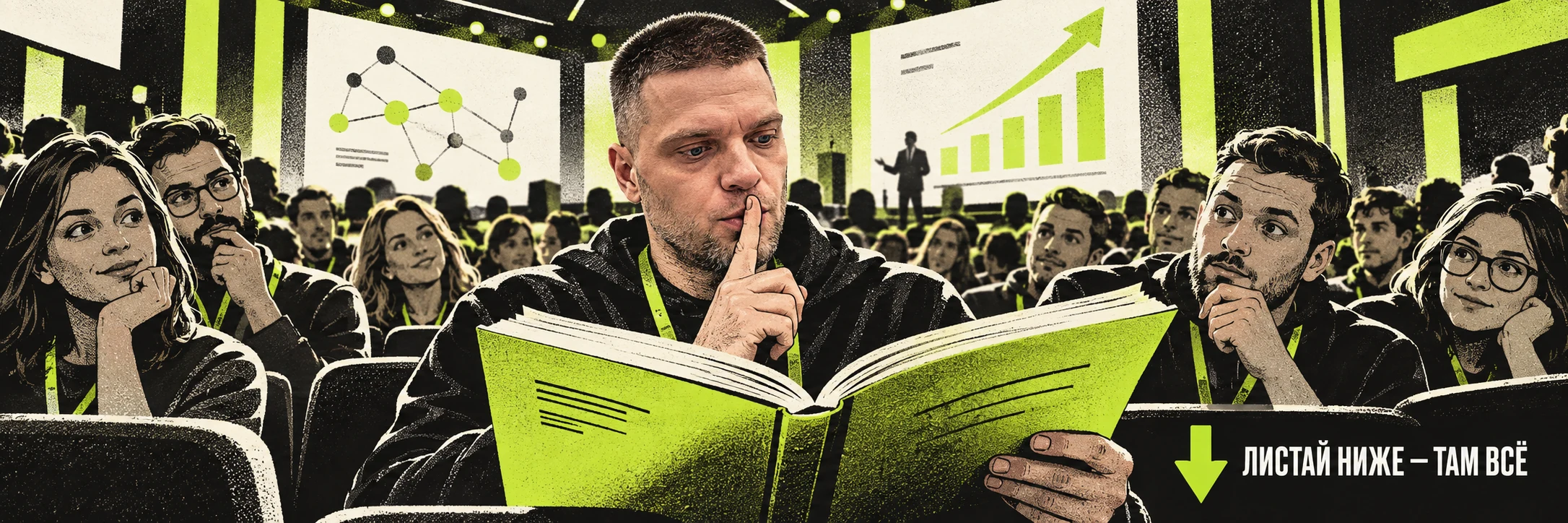 Владислав Островерх читает книгу на SEO-конференции и просит соблюдать тишину